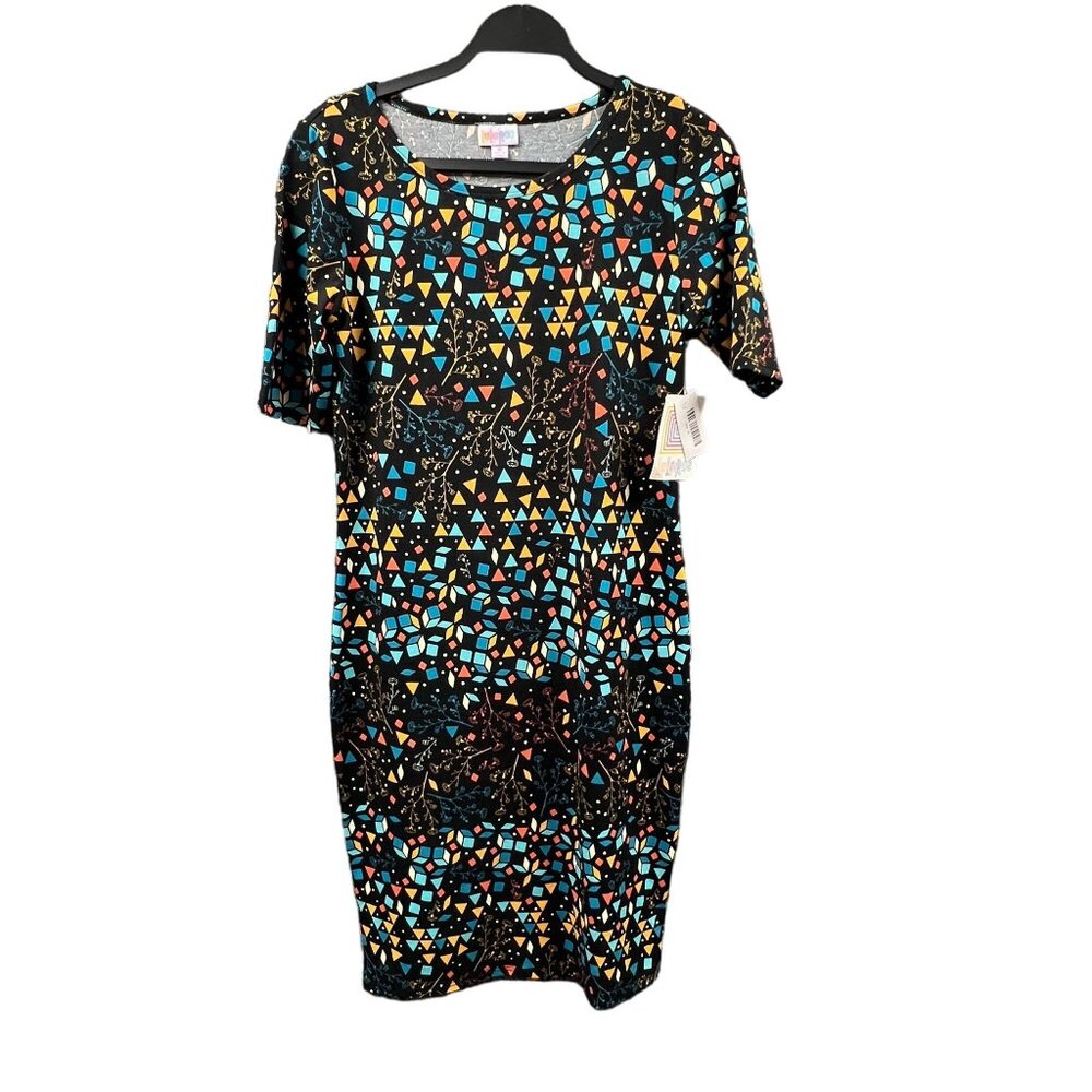 LuLaRoe Dress Women Medium Geometric Floral Scoop Neck Multicolor Stretchy